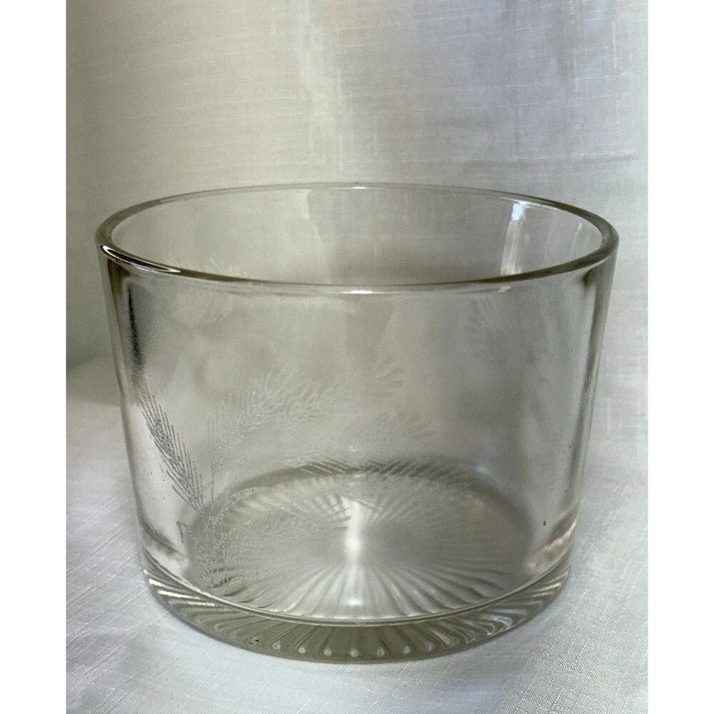 Vintage Clear Glass Ice Bucket Engraved Wheat Scene Pressed Glass Starburst MCM